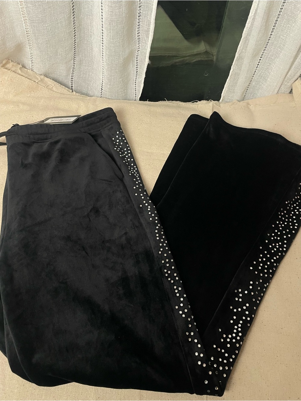 Paris Hilton Black Velvet Bootcut Pants with Crystal Stud Trim